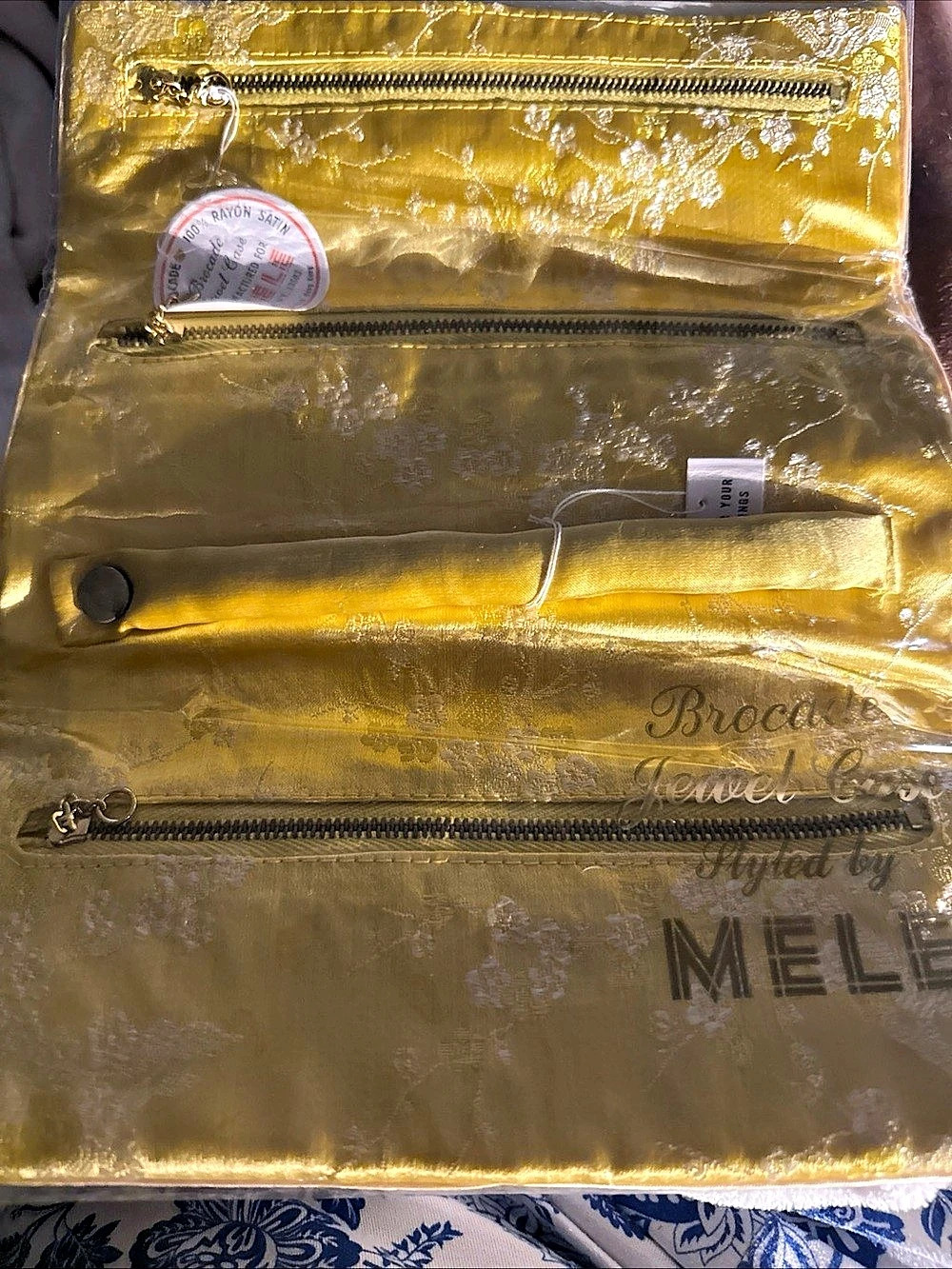 Vintage Mellie Broccade Jewel Case Yellow Satin Cosmetic Case Organizer NEW OLD